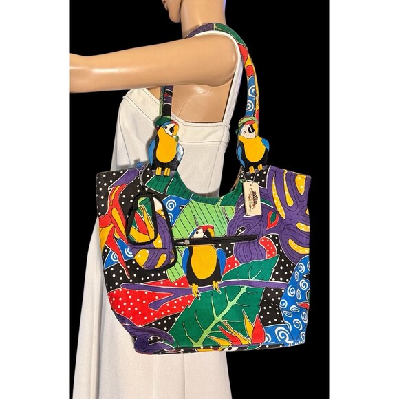 VTG Large tote bag with zipper, Coin Purse with Tucan Parrott's Vacation Beach - Picture 2 of 12